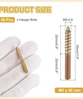 Professional Grade M5x40 Hanger Bolts Featuring A Smart Double Headed Configuration For Zero Hassle Furniture Building And Wood Joint Fixing Bombproof Carbon Steel Zinc Coated Connectors That Grip Like Glue displayed on hand with size dimensions.