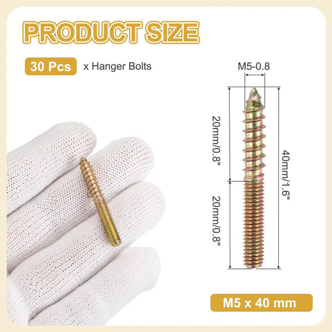 Professional Grade M5x40 Hanger Bolts Featuring A Smart Double Headed Configuration For Zero Hassle Furniture Building And Wood Joint Fixing Bombproof Carbon Steel Zinc Coated Connectors That Grip Like Glue displayed on hand with size dimensions.