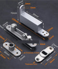 Heavy Duty Door Pivot Hinges Soft Close Feel Stealth Hidden Mount 304 Stainless Steel parts with dimensions displayed.