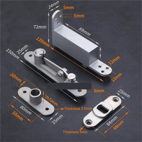 Smooth As Butter Heavy Duty Door Pivot Hinges With Auto Soft Close Action and Bulletproof Invisible Hidden Install Design on black background with dimensions.