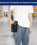 Person wearing Universal Barcode Scanner Holster With Open Face Access, Belt Loop And Clip Attachment in a warehouse.