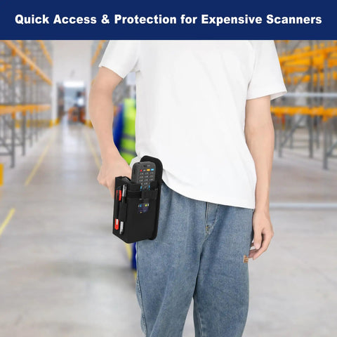 Person wearing Universal Barcode Scanner Holster With Open Face Access, Belt Loop And Clip Attachment in a warehouse.