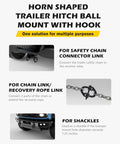 Instructions for horn shaped trailer hitch ball mount with hook and uses for safety chain connector, chain link, and shackles.