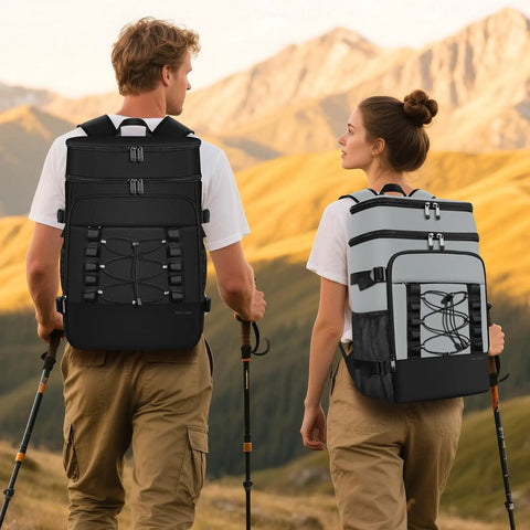 Beast 40 Can Insulated Cooler Backpack With Dual Leak Proof Compartments For Beach Travel Picnic Lunch Hiking Camping And BBQ 28L in black worn by hikers