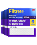 12x12x1 Air Filter MERV 12 MPR 1500 For Allergens Bacteria And Viruses Six Pack Of Three Month Filters packaging