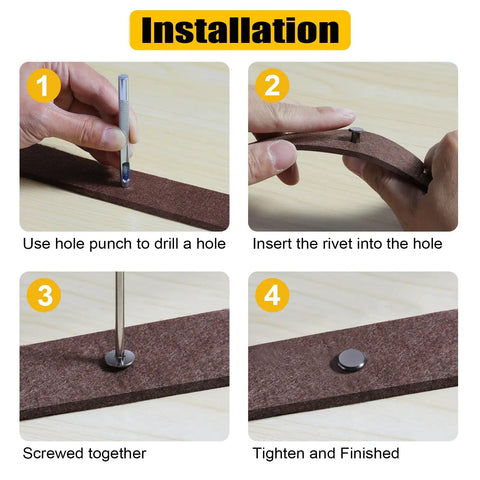 Installation steps for Kickass 155 Piece Black Chicago Screws And Leather Rivets Kit with M4 and M5 sizes on leather.