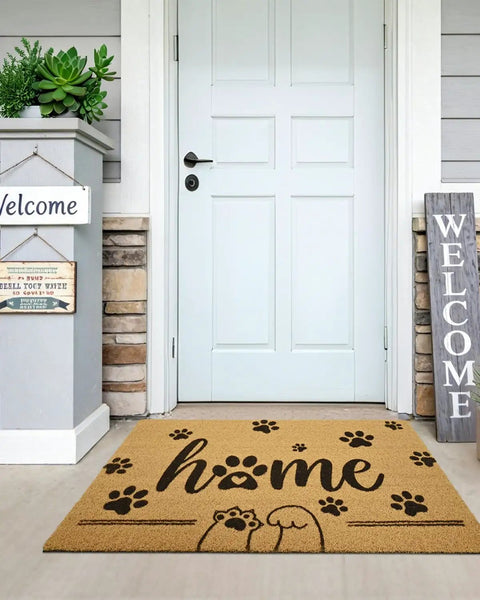 Front Door Mat 17x30 Welcome Mat With Paws Pattern outside door, faux coco coir, non-slip backing, for porch and indoor use