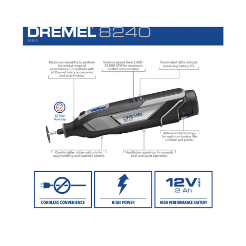 Slick 12V Cordless Rotary Power Tool With Soft Grip And Quiet Smooth Operation, labeled features and specifications.