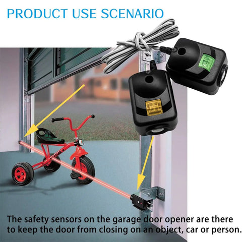 Upgraded 820CB Garage Door Sensor Kit With Bracket For LiftMaster Chamberlain Craftsman Openers After 1997 Replacement 41A5034 G801CB P 801CB 041 0136 Compatible No Programming Required No Brainer Install showing red laser and obstacle detection.