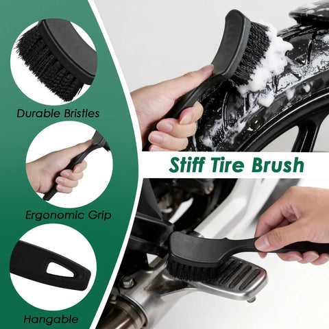 Person using stiff tire brush from 9 Piece Motorcycle Cleaning Kit All-In-One Dope Pro Grade Detailing Bundle With Chain Brush to clean tire