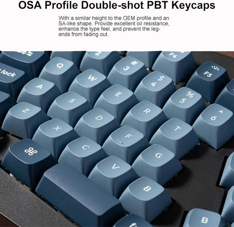 Close-up of OSA profile double-shot PBT keycaps on wireless mechanical keyboard for smooth typing experience in marathon sessions.