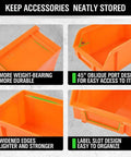 Close-up of orange bins showing features of 30 Bin Wall Mounted Hardware Organizer For Screws Nuts Bolts Nails And Small Parts