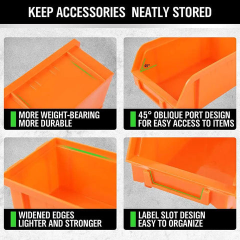 Close-up of orange bins showing features of 30 Bin Wall Mounted Hardware Organizer For Screws Nuts Bolts Nails And Small Parts