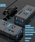 Road Trip Ready 200W 7 In 1 Car Power Inverter Converts 12V DC To 110V AC With Dual AC Outlets PD 27W USB C QC3.0 4 USB Ports