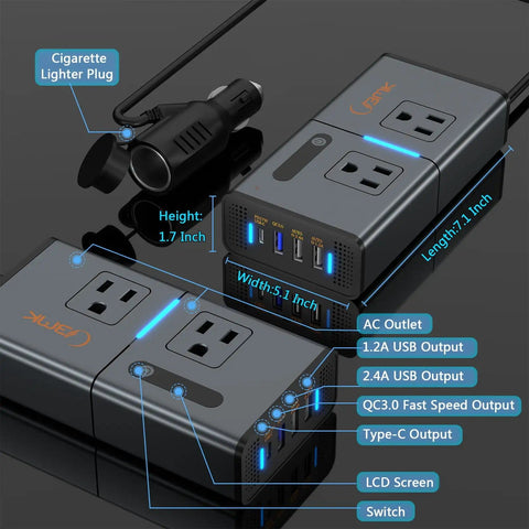 Road Trip Ready 200W 7 In 1 Car Power Inverter Converts 12V DC To 110V AC With Dual AC Outlets PD 27W USB C QC3.0 4 USB Ports