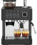No Sweat Home Espresso Machine With Integrated Grinder And 20 Bar Pressure Pump Fast Heating Milk Frother For Creamy Foam Spacious Removable Water Tank For Bold Morning Sips And Perfect Cappuccino Pulls Black brewing espresso into two glasses with built-in grinder.