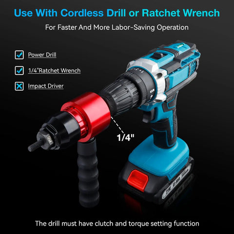 Cordless drill with Rivet Nut Tool Kit For Drills And Ratchets attached, featuring power and torque settings, black background