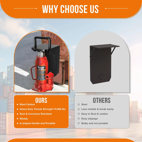 DEEAGLE shipping container jack lug with U-shaped handle; red hydraulic jack on bracket beside a dark storage case