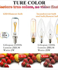 Ture color comparison of LED and incandescent bulbs, including Dimmable T6 LED Bulb 25W Candelabra E12, 2700K Warm White, with strawberries.