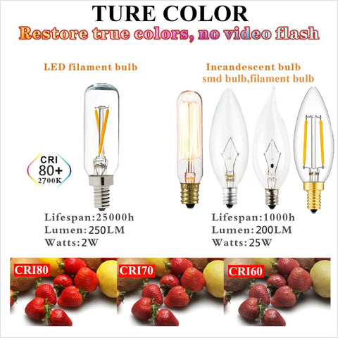 Ture color comparison of LED and incandescent bulbs, including Dimmable T6 LED Bulb 25W Candelabra E12, 2700K Warm White, with strawberries.