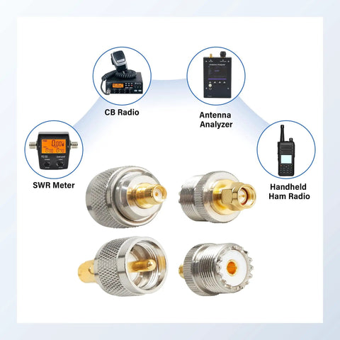 Four Piece SMA To PL259 SO239 Coax Connector Kit Crimp Adapters UHF FR Brass Gold Plated 50 Ohm Coax Connectors, usage examples.