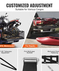 Heavy Duty Truck Tailgate Cargo Net For Tesla Cybertruck securing a motorcycle and kayaks with multi-point flexible fastening.