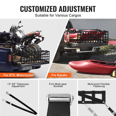 Heavy Duty Truck Tailgate Cargo Net For Tesla Cybertruck securing a motorcycle and kayaks with multi-point flexible fastening.