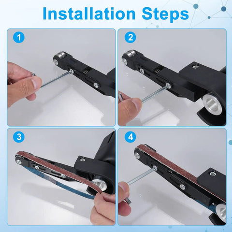 Installation steps for Heavy Duty Electric Mini Belt Sander With Knockout Rubber Grip And Variable Speed for smooth sanding.