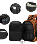 Autumn Red Maple Log Cabin Print Unisex Backpack with Large Capacity open showing internal pockets and breathable polyester build.