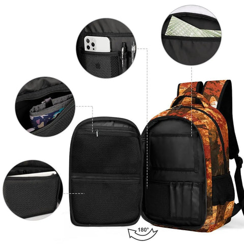 Autumn Red Maple Log Cabin Print Unisex Backpack with Large Capacity open showing internal pockets and breathable polyester build.