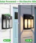 Outdoor Solar Porch Lights 2 Pack Featuring Motion Sensor And 3 Lighting Modes Zero Wiring Hassle Built Tough Weatherproof Wall Lanterns Sconces For Front Door Garage Fence Patio 7 5 Inch, mounted with light on and off options.