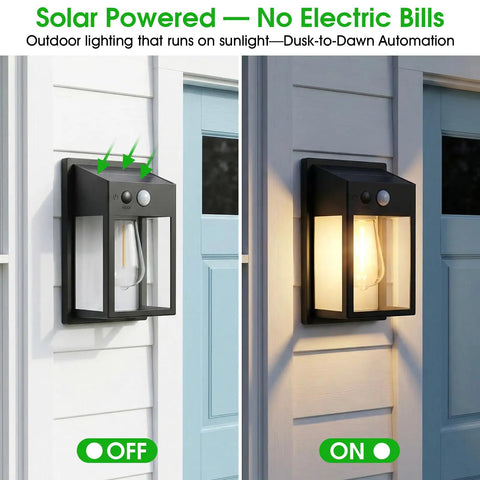 Outdoor Solar Porch Lights 2 Pack Featuring Motion Sensor And 3 Lighting Modes Zero Wiring Hassle Built Tough Weatherproof Wall Lanterns Sconces For Front Door Garage Fence Patio 7 5 Inch, mounted with light on and off options.