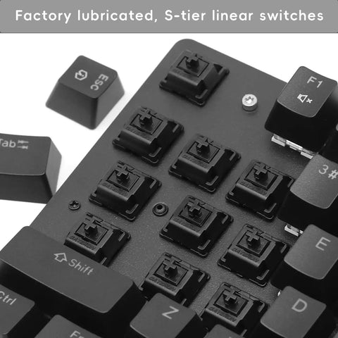 Oil King V2 Pre Lubed 5 Pin Linear Keyboard Switches For Mechanical Keyboards, 90 Pack, Ultra Smooth Linear Action, Actuation 55gf, Bottom Force 65gf, Travel 4mm, Life 60 Million Cycles, Gold Contact, 2 Pin Or 4 Pin LED Compatible. Pre-lubed black switch plate