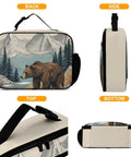 Mountain Bear Tree Lake Insulated Lunch Bag showing front, side, top, and bottom views with bear and mountain design.