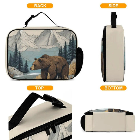 Mountain Bear Tree Lake Insulated Lunch Bag showing front, side, top, and bottom views with bear and mountain design.