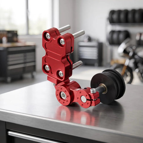 Premium Motorcycle Chain Adjuster With Anodized Gold Finish For Reliable Rear Axle Alignment And Sweet Road Riding, CNC red hardware on workbench.