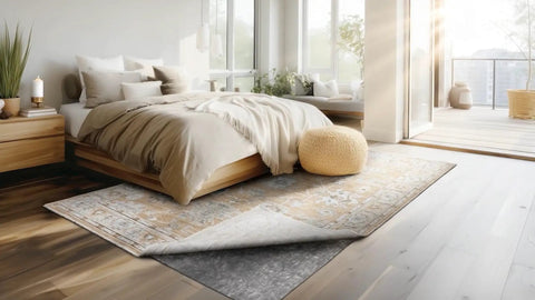 8x10 Luxury Non Slip Rug Pad With Dual Surface Felt And Rubber Gripper One Quarter Inch Thick Cushion For Rugs visible in bedroom