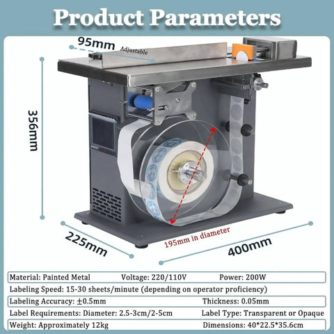 Semi Automatic Right Angle Label Applicator Machine With Microcomputer Control For High Accuracy Industrial Printing And Packaging Use Featuring 200W Power Output Efficiently Applying Fifteen To Thirty Labels Per Minute With Light Sensor Technology For, shown with detailed product dimensions.