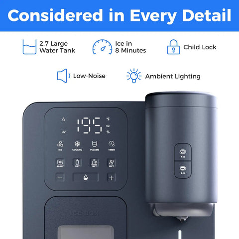 3-In-1 Water Dispenser With Ice Maker And Coffee Brewer For Home Or Office, showing control panel and features like child lock.
