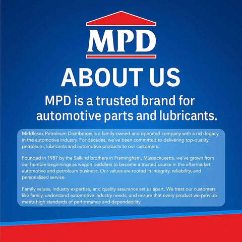 MPD logo with text about being a trusted brand for automotive parts and lubricants.