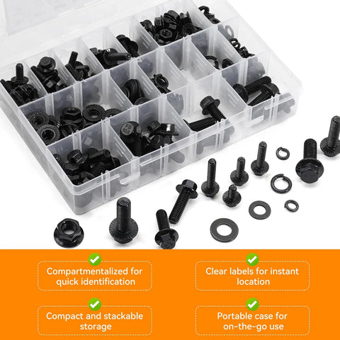 Nuts And Bolts Assortment Kit 280 Piece For M6 M8 M10 Flange Bolts With Lock And Flat Washers, 10.9 Grade Alloy Steel Screws Black Zinc