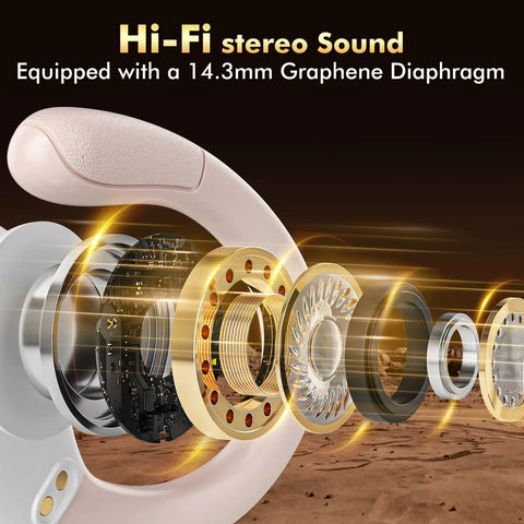 Exploded view of Wireless Sports Buds With LED Power Display components highlighting Hi-Fi stereo sound and graphene diaphragm.