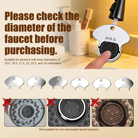 No Sweat Faucet Aerator Removal Tool And 6 Size Sink Filter Wrench Set demonstrating metrics for faucet aerator sizes on a countertop.