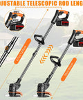 21V Cordless Weed Wacker with Adjustable Pole showing telescopic shaft length adjustment from 35in to 47in