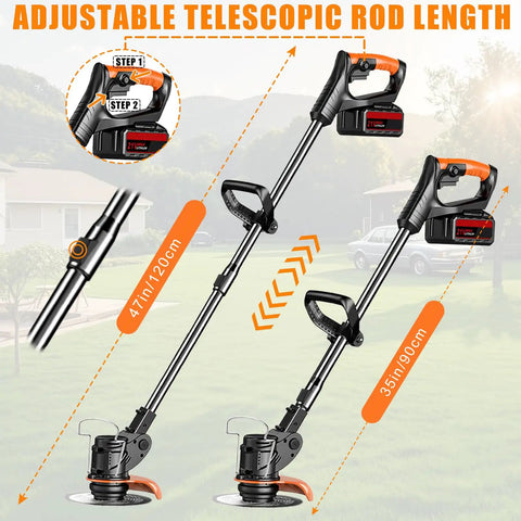21V Cordless Weed Wacker with Adjustable Pole showing telescopic shaft length adjustment from 35in to 47in