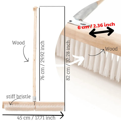 Heavy Duty Push Broom With Rock Solid Four Layer Stiff Plastic Bristles And A Beefy Wooden Handle dimensions displayed