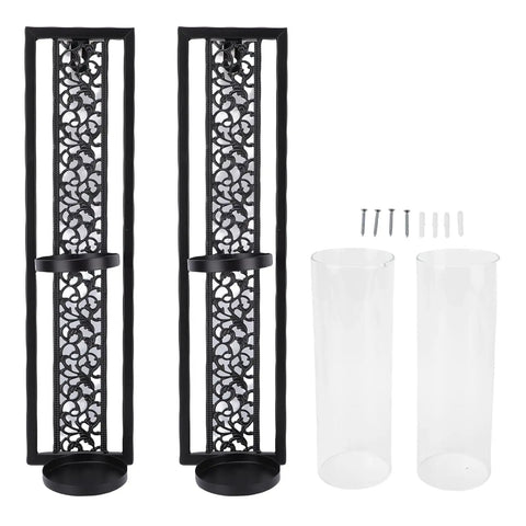 Vintage Hollow Out Metal Wall Sconce Kit Two Piece Candle Holder Set With Glass Covers For Living Room Bedroom Bathroom And Dining Area Easy Install Iron Wall Decor, black iron set with glass covers and mounting screws