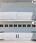 Before and after using Magnetic Garage Door Decoration Kit With 32 Faux Windows 4 Faux Hinges And 2 Handles For Two Cars Dark Brown Square