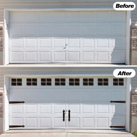 Before and after using Magnetic Garage Door Decoration Kit With 32 Faux Windows 4 Faux Hinges And 2 Handles For Two Cars Dark Brown Square
