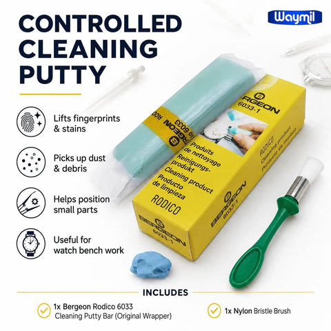 Rodico 6033 Cleaning Putty Bar Kit with Nylon Bristle Brush for watch repair, shown with packaging and brush.